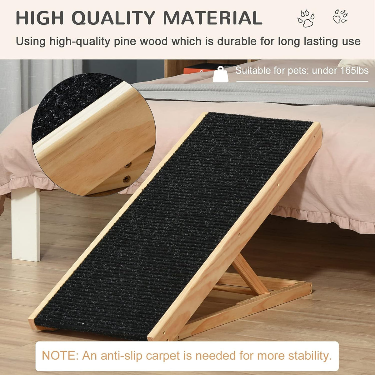 Elevated Pet Ramp, Foldable, Height Adjustable, Non-Slip Finish, Pine, 35.5" L x 16" W x 24" H, Black Z6051
