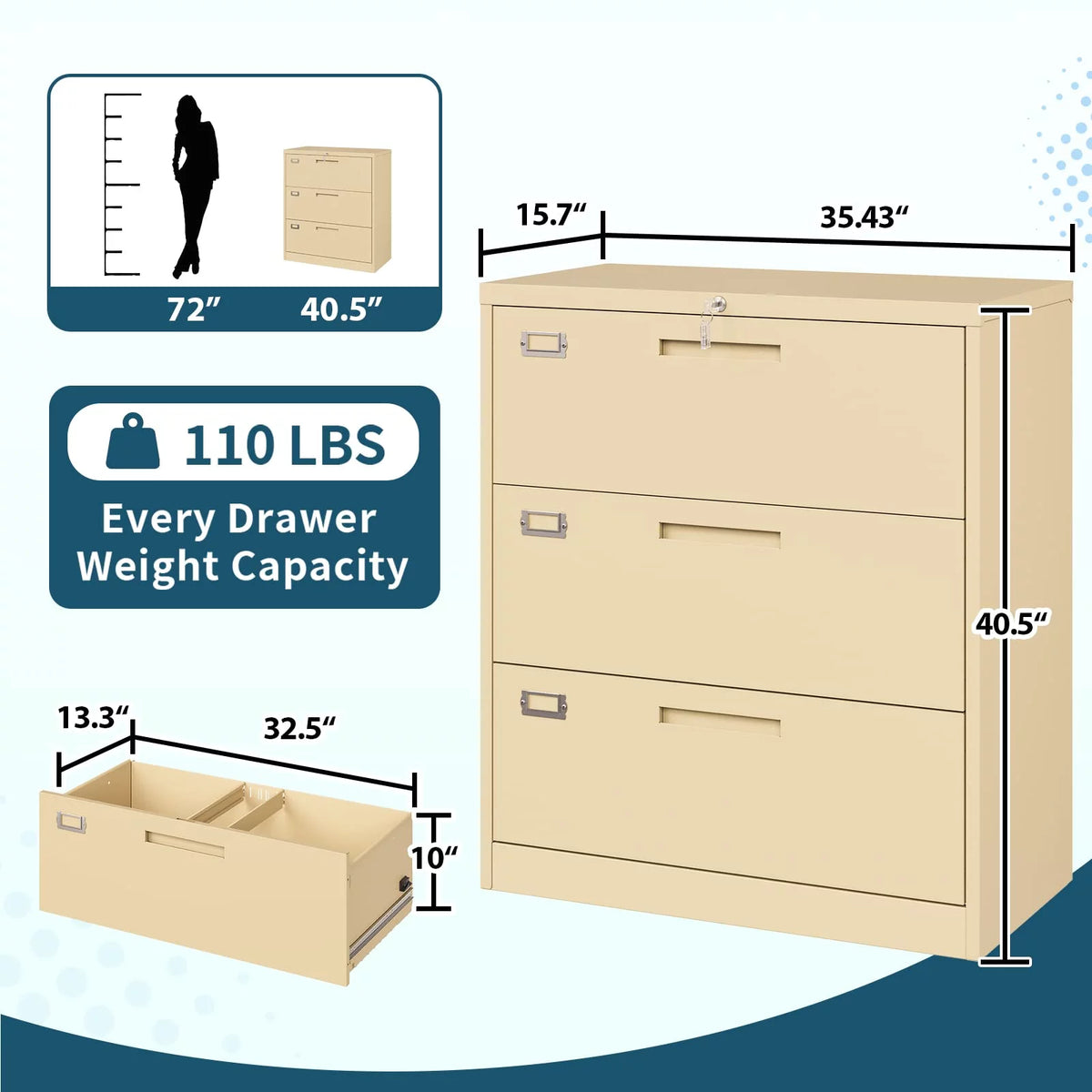 3 Drawer Metal File Cabinet with Lock X315