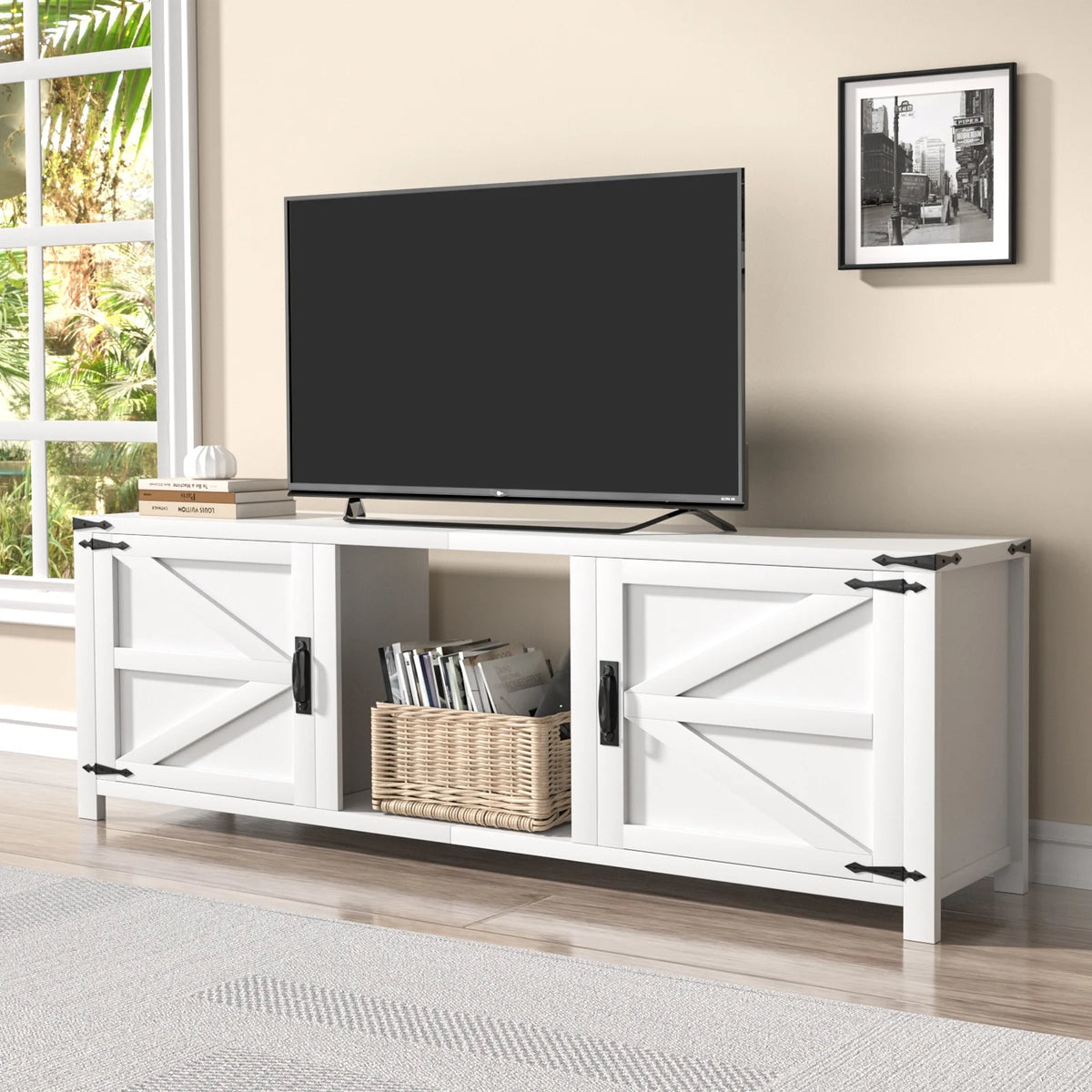 70" White TV Stand with Barn Doors J6471