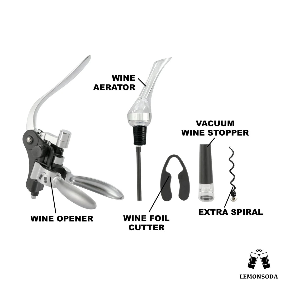 Wine Bottle Opener Kit with Corkscrew, Pourer, Foil Cutter, Stopper I429365