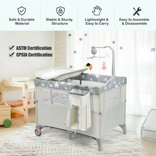 Beige Portable Baby Bassinet Crib Playard with Diaper Changer V218